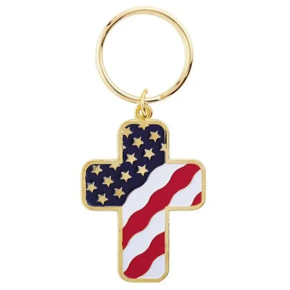 Pack of 12! United States USA Flag Cross Key Chain Gold Red White Blue Stars - Picture 1 of 1